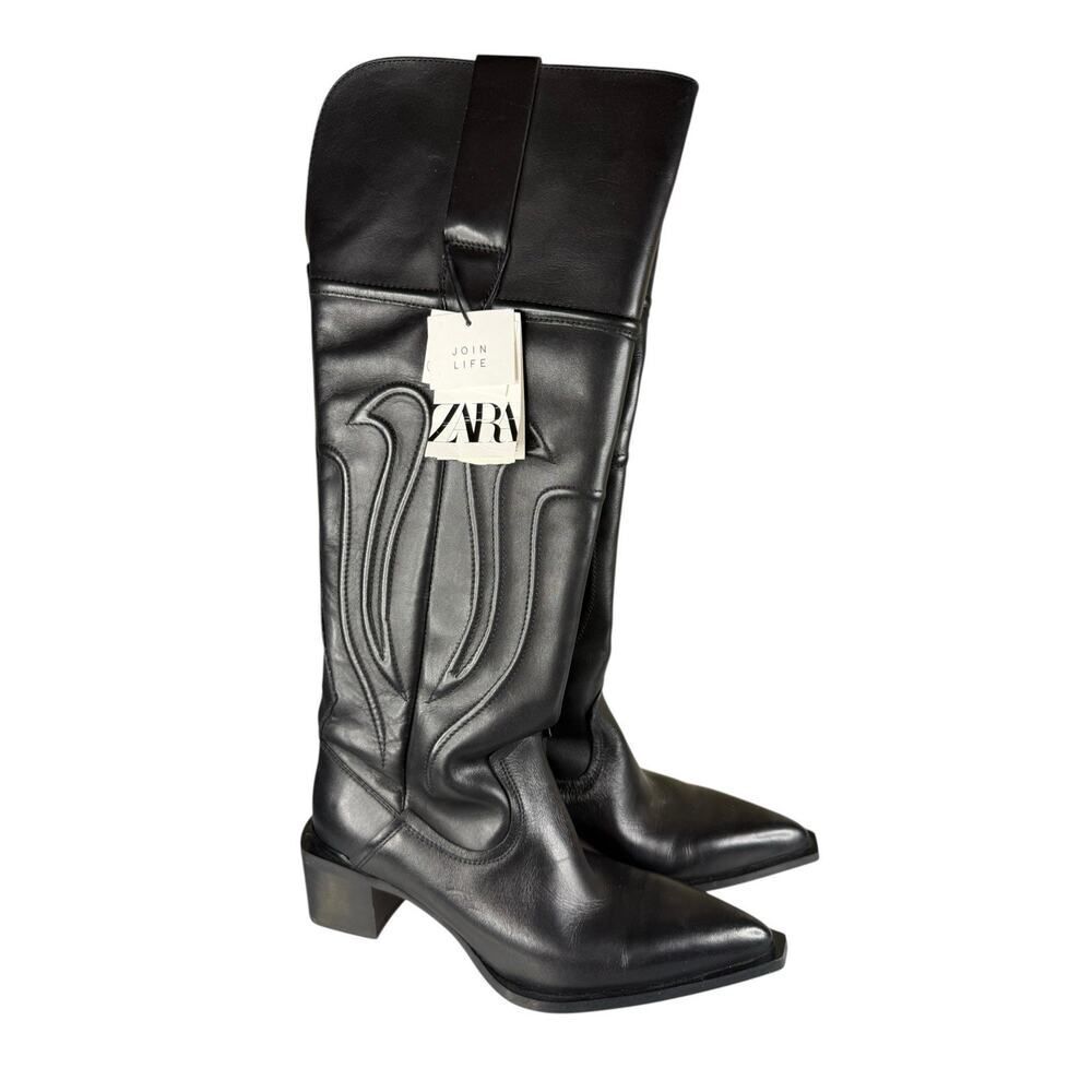 NEW Zara Black Leather Western Cowboy Boots Pull On Knee High EU 37 US 6.5 - Picture 4 of 11